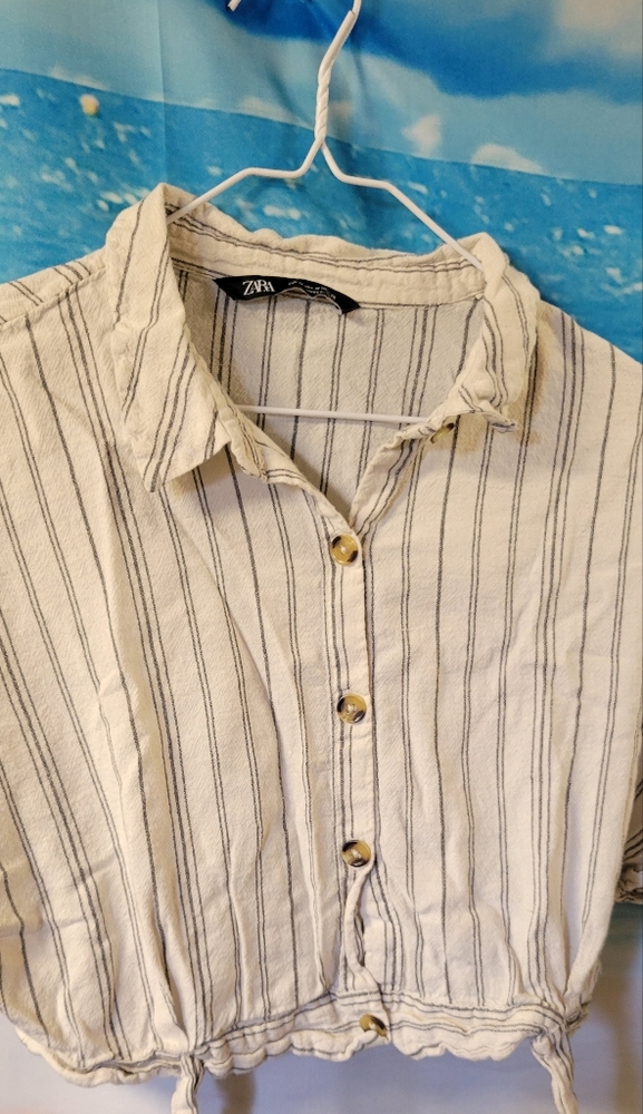 Zara Cropped Striped Button Down Blouse with Waist Tie Cotton/Linen Blend Size M